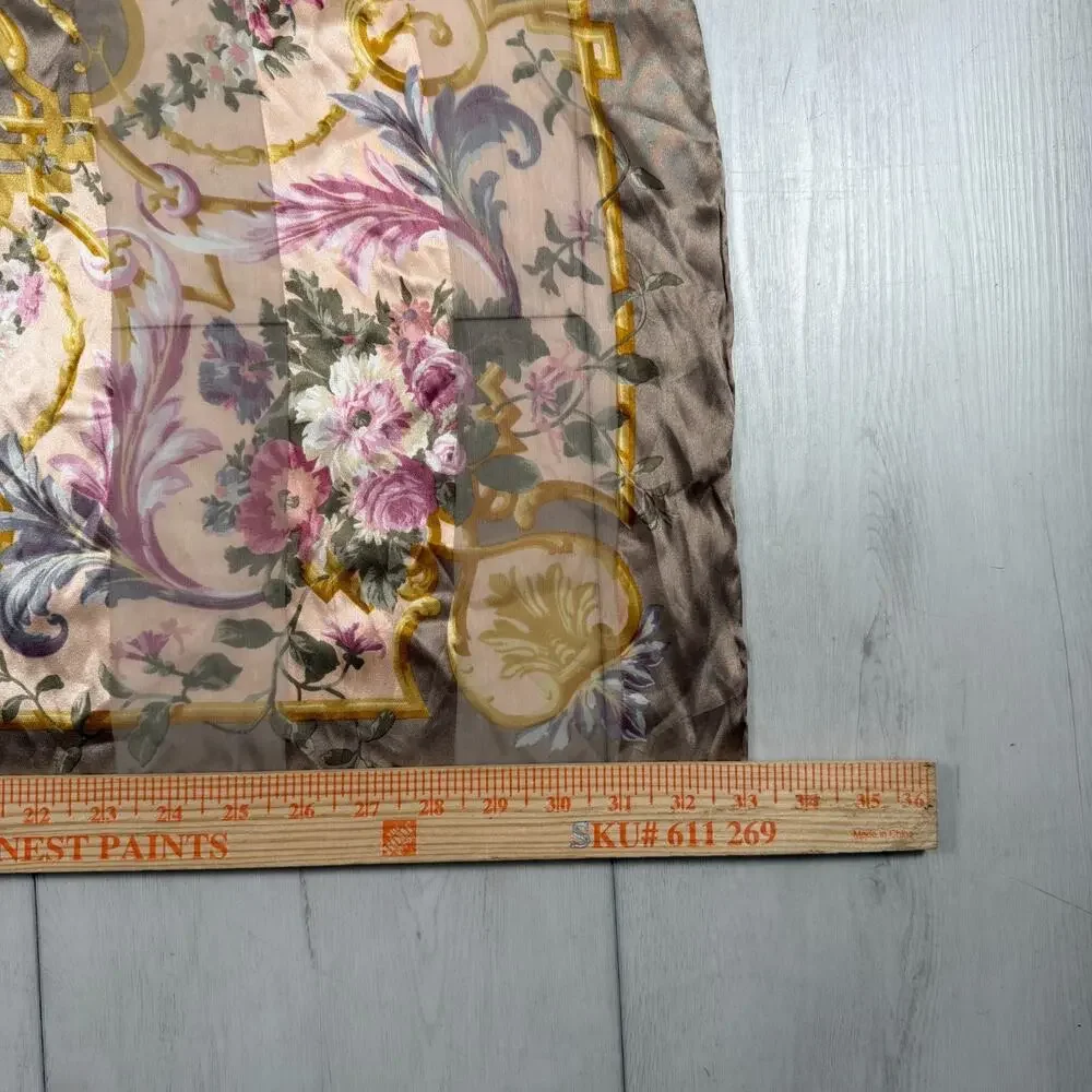 VALENTINO Brown Golden Striped Silk w/ logo Floral Print Vintage Scarf 33x34